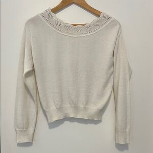 Vintage Cream Cropped Sweater with Lace Pointelle Neckline Details